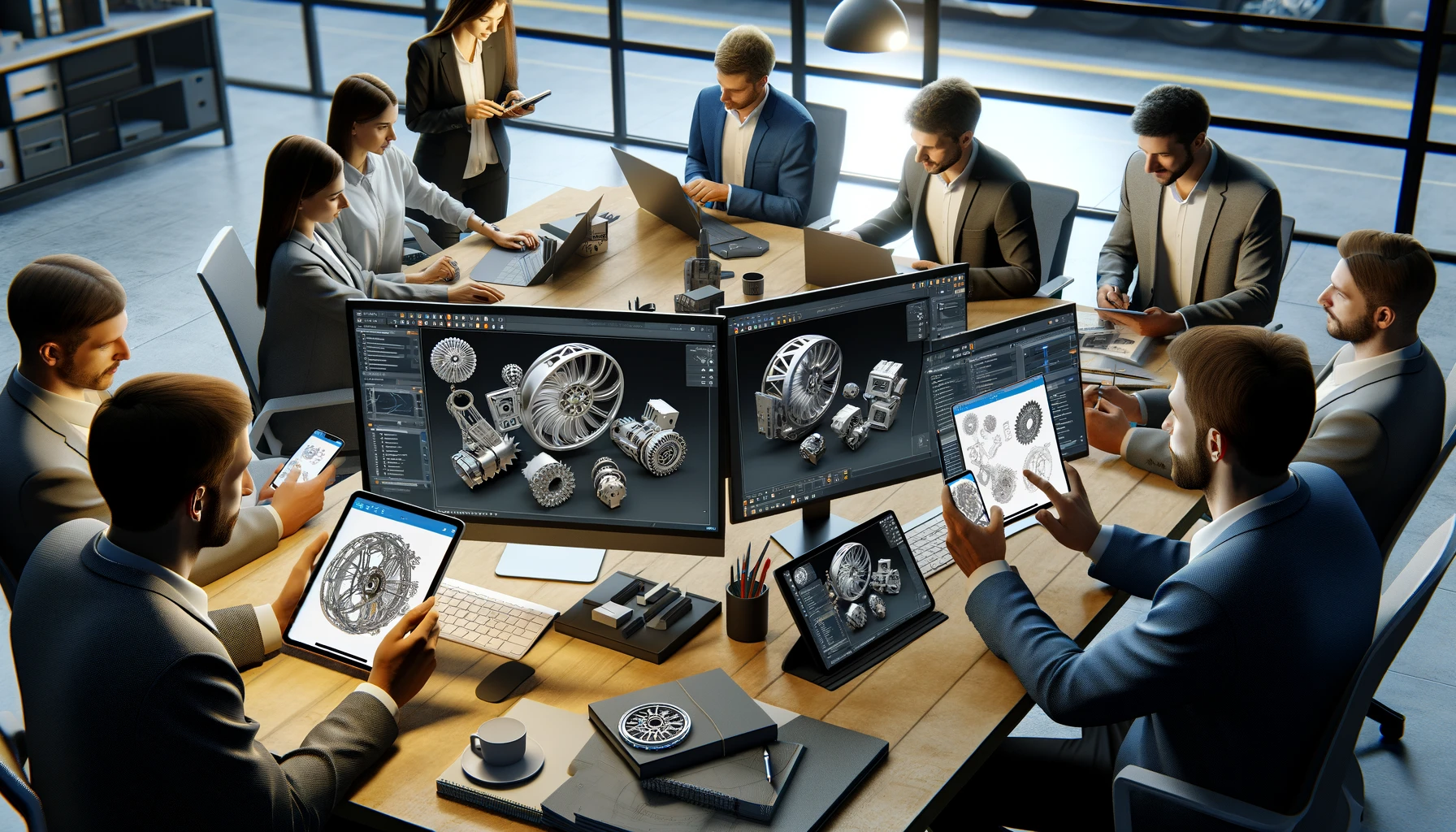 Un espace de travail collaboratif montrant une équipe utilisant 3DViewStation WebViewer sur divers appareils, notamment des tablettes, des smartphones et des ordinateurs.