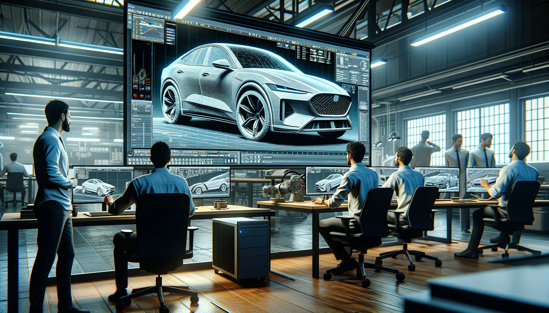 Une équipe de conception automobile travaillant dans un bureau de haute technologie, concentrée sur un modèle de voiture affiché sur 3DViewStation